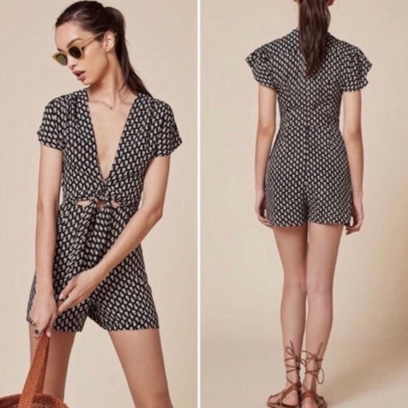 Reformation Pants - Reformation Holly Floral Cut Out Romper Size 4 Front Tie Black Short Sleeve